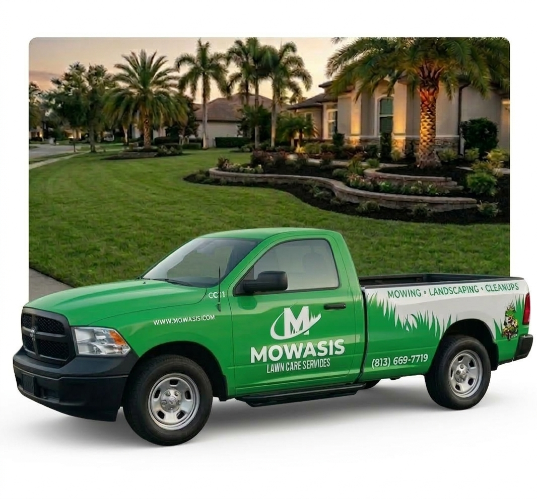 Green lawn care service truck